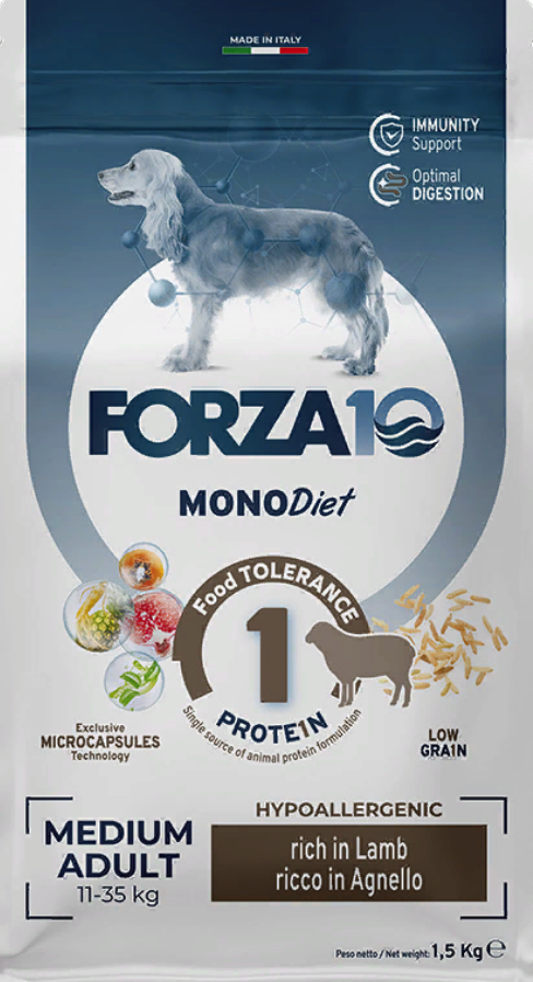 FORZA10 MonoDIET Adult MEDIUM Dog Lamb / Rice (Agnello / Riso) ФОРЦА 10 гипоаллергенный монопротеиновый корм для взрослых собак Средних пород ЯГНЕНОК / РИС 12 кг