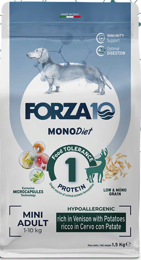 FORZA10 MonoDIET Adult MINI Dog Venison / Potato (Cervo / Patate) ФОРЦА 10 гипоаллергенный монопротеиновый корм для взрослых собак Мелких пород ОЛЕНИНА / КАРТОФЕЛЬ 1,5 кг